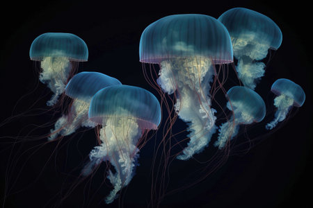 Group of rare colored jellyfish close-up, dark background. AI generated. Marine ocean fauna, wildlife.の素材