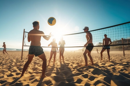 A group of cheerful people play beach volleyball at sunset at a tropical resort. AI generated. Active team recreation.の素材