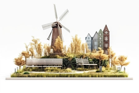 Wind generators among the high mirror city business buildings, rows with the lake. AI generated. Renewable energy concept.の素材