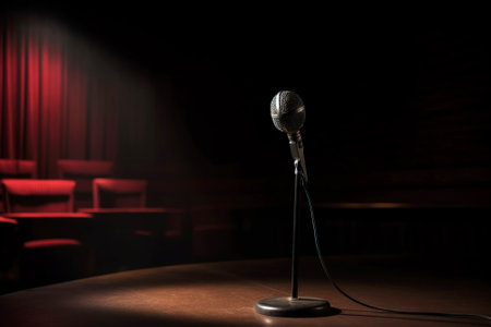 Microphone on stage seminar presentation in front of audience, successful corporate hall. AI generated. Professional presenter of educational lectures.の素材