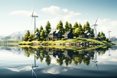 Wind generators among the high mirror city business buildings, rows with the lake. AI generated. Renewable energy concept.の素材