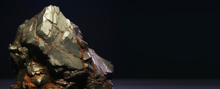 Oldhamite is a rare precious natural geological stone eremite on a black background in low key. Fashionable jewelry elegant decoration. AI generated. Header banner mockup with space.の素材