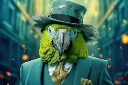 Mr green parrot gentleman in boss hat and scientist. Header banner mockup with copy space. AI generatedの素材