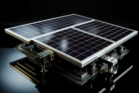 Solar electrical panels, modern technology, black dark background isolate. Renewable energy. AI generated. Protection of the ecology of the environment.の素材