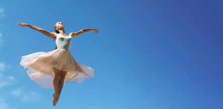 Classic ballet choreographic dance, light background. Professional ballerina dancer. Elegant and graceful performance in the theater. AI generated.の素材