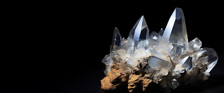 Quartz is a rare precious natural geological stone eremite on a black background in low key. Fashionable jewelry elegant decoration. AI generated. Header banner mockup with space.の素材