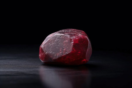 Red beryl is a rare precious natural geological stone on a black background in low key. Fashionable jewelry elegant decoration. AI generated. Header banner mockup with space.の素材