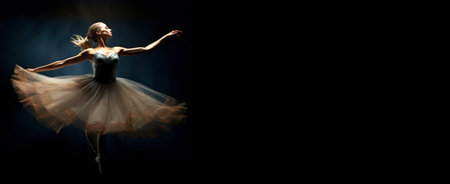 Classic ballet choreographic dance, dark background. Dancer ballerina woman on professional stage. Elegant and graceful performance in the theater. AI generated. Header banner mockup with copy space.の素材