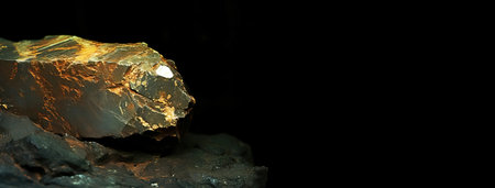 olivenit is a rare precious natural geological stone eremite on a black background in low key. Fashionable jewelry elegant decoration. AI generated. Header banner mockup with space.の素材
