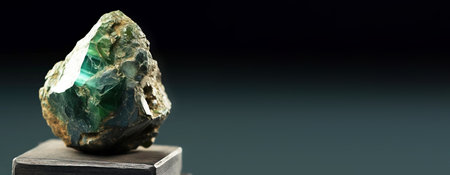 Aktashite is a rare precious natural geological stone eremite on a black background in low key. Fashionable jewelry elegant decoration. AI generated. Header banner mockup with space.の素材