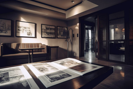 Modern interior design of the living room of an apartment house, warm colors, dark brown colors. AI Generative. Modern cozy stylish comfortable furniture.の素材