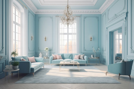 European interior design of a living room in an apartment house, warm colors, white blue soft colors. AI Generative. Modern cozy stylish comfortable furniture.の素材