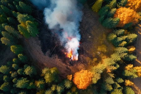 Fire in the forest in summer with smoke, natural disaster, cataclysm. Trees and bushes on fire. AI generated.の素材