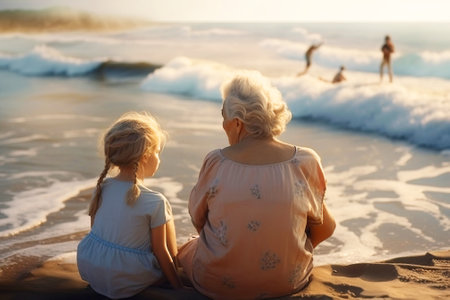 On Mother's Day, mother and daughter sit in a clearing with flowers by the sea. A happy family. Fictional person created with generative AI.の素材