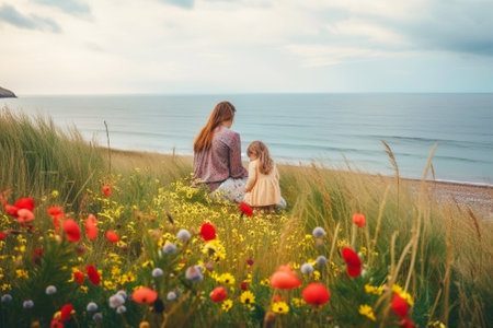 On Mother's Day, mother and daughter sit in a clearing with flowers by the sea. A happy family. Fictional person created with generative AI.の素材