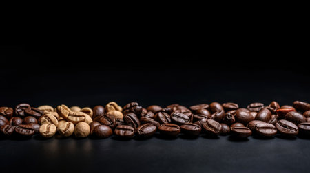 Various coffee beans in a row, white background isolate, organic product. Header banner mockup with copy space. AI generated.の素材