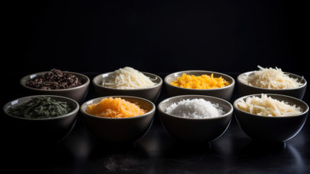 Various diced vegetables. Useful food with vitamins, black background. Header banner mockup with copy space. AI generated.の素材