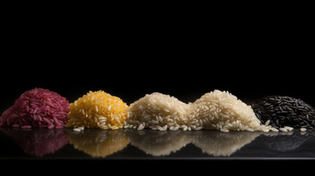 Various rice close-up, healthy food, black background. Asian cuisine. Header banner mockup with copy space. AI generated.の素材