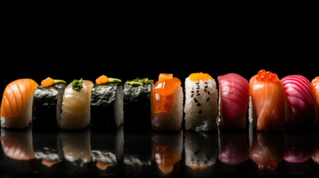 Various sushi in a row, black background. Asian cuisine assortment, menu. Header banner mockup with copy space. AI generated.の素材