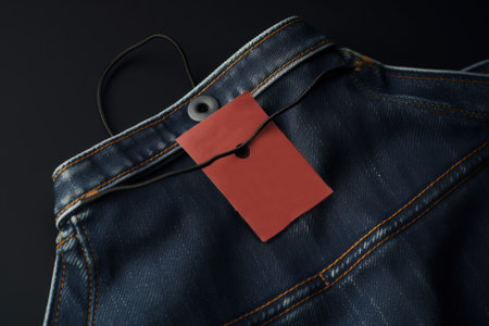 Denim clothing fabric close-up with cardboard price tag mockup. Header banner mockup with copy space. AI generated.の素材
