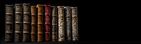 Number of old ancient books, library of knowledge textbooks. Black background isolate. Header banner mockup with copy space. AI generated.の素材