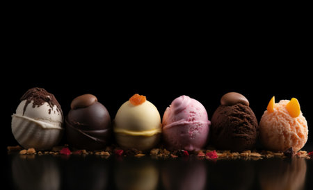 Colored ice cream balls, solid in a row. Black background, front view. Header banner mockup with copy space. AI generated.の素材
