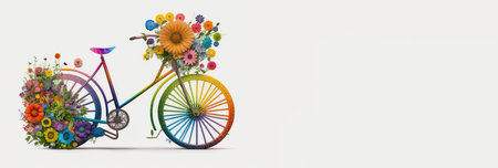 World Bicycle Day concept in colors on white background, isolate. Header banner mockup with copy space. AI generated.の素材