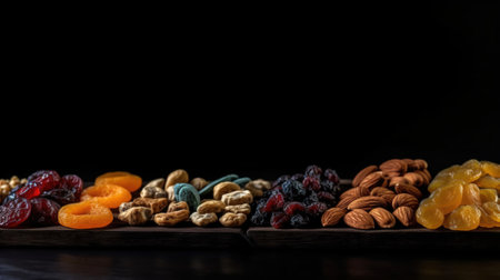 Various types of dried fruits in a row, natural ecological ingredients, black background. Header banner mockup with copy space. AI generated.の素材