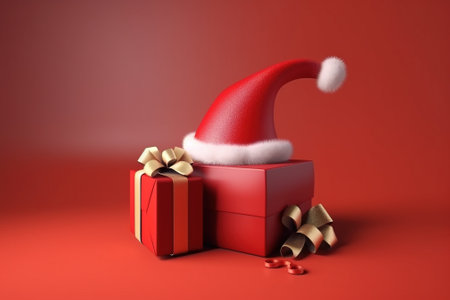 Christmas red gift box with ribbon and santa claus hat on red background, isolate. Header banner mockup with copy space. AI generated.の素材