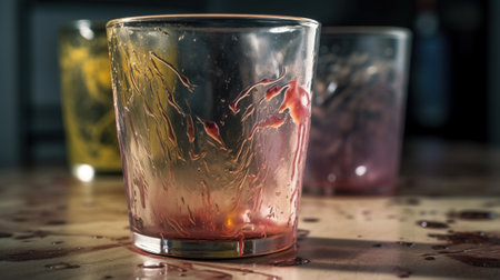 Dirty unwashed dishes with leftover food. Clutter concept. Dark background, isolate. Header banner mockup with copy space. AI generated.の素材