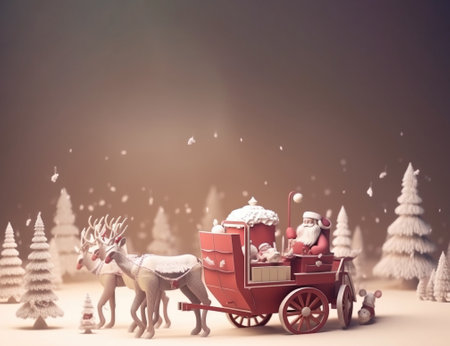 Santa on sleigh with reindeer rides through snowy forest on Christmas, wallpaper. Header banner mockup with copy space. AI generated.の素材