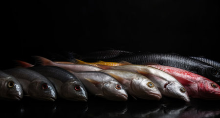 Various raw fish in a row, black background. Seafood assortment, menu. Header banner mockup with copy space. AI generated.の素材