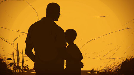 Father Day. Graphically contours of a child next to dad, wallpaper background. Header banner mockup with copy space. AI generated.の素材