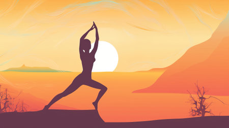International day of yoga, graphic contours of a woman on the background of the sun. Header banner mockup with copy space. AI generated.の素材