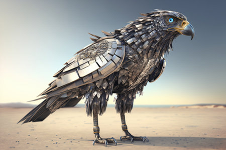Chrome-plated metal robot bald eagle, sky background. The concept of freedom. Modern technologies. AI generated.の素材