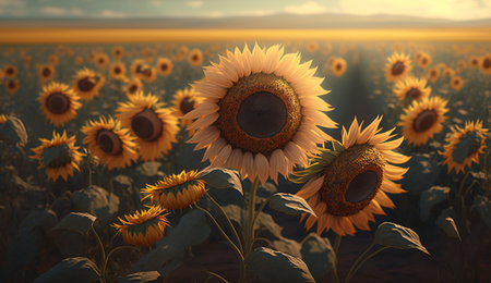 A field of mature sunflowers during the summer afternoon. Farm organic agriculture. AI generated.の素材
