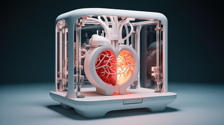 3D printer prints a human heart. Medical implantation of organs. Dark background, isolate. AI generated.の素材