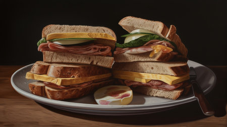 Fresh sandwich with ham, cheese, tomatoes, fast food on plate in wrapping paper. Street food close-up. AI generated.の素材