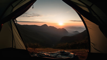View from the tent to the night snow-capped mountain peaks, active recreation. Travel in nature, tourism. AI generated.の素材
