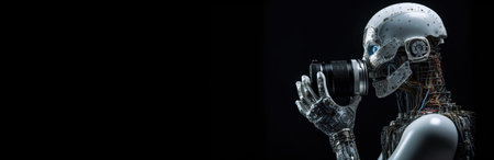 Robot, artificial intelligence, takes pictures with a camera, the concept of Photographer Day. Header banner mockup with copy space. AI generated.の素材