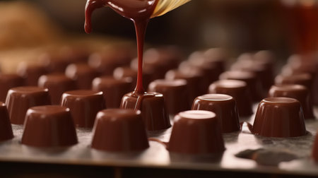 Chocolate Day, a jet of liquid chocolate is poured over various candies. Header banner mockup with copy space. AI generated.の素材