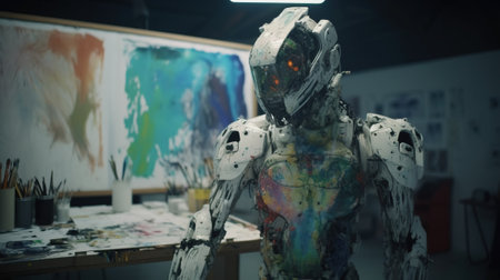 Robot, artificial intelligence, paints a picture with colored paints. Futuristic future technology. AI generated.の素材