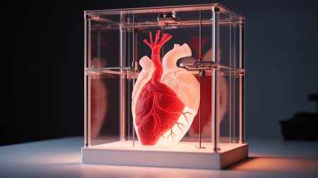 3D printer prints a human heart. Medical implantation of organs. Dark background, isolate. AI generated.の素材