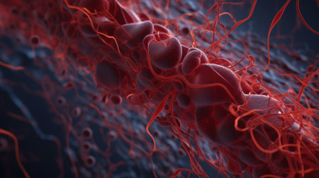 Blood vessel, hemoglobin close-up. Medical venous structure, dark background. Heme groups, iron atoms and an oxygen molecule. AI generated.の素材