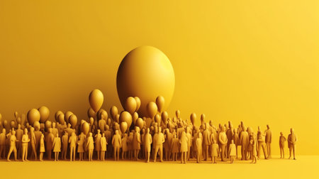 World Population Day. Group of different people, yellow background. Header banner mockup with copy space. AI generated.の素材