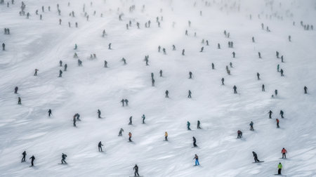 Group of skiers athletes compete going down from ski mountain. Active recreation, winter sports. AI generated.の素材