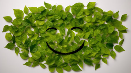 Bunch of leaves in form of cheerful smiley, white background isolate. Positive emotions. AI generated.の素材