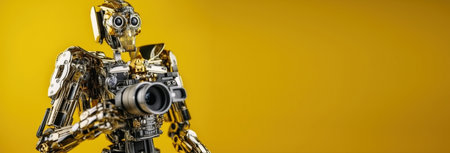 Robot, artificial intelligence, takes pictures with a camera, the concept of Photographer Day. Header banner mockup with copy space. AI generated.の素材