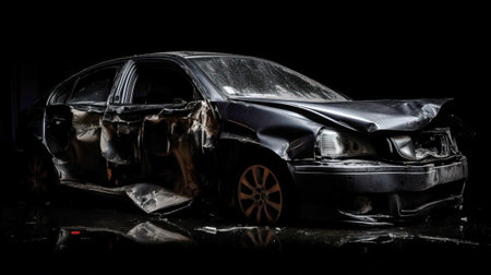 Car accident, broken damaged body metal. Life insurance, technology. Black car black background. Header banner mockup with copy space. AI generated.の素材