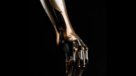 Bio prosthesis for a hand on a black background, isolate. Header banner mockup with copy space. AI generated.の素材